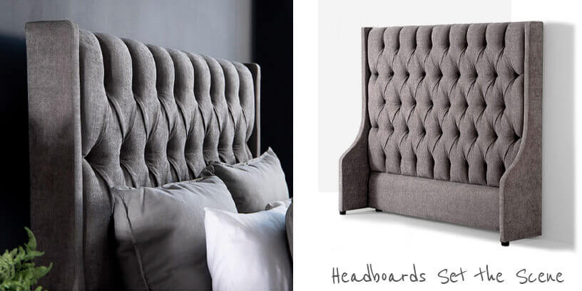 Close up of grey upholstered wing-back headboard and same headboard on white background